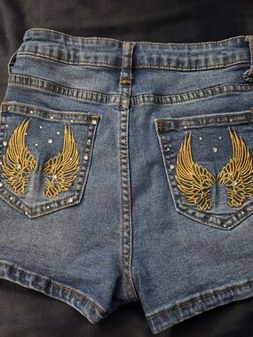Girl’s Blue Denim Shorts with Gold Wing Embroidery